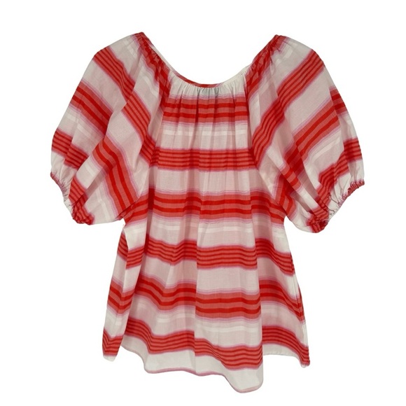 Never A Wallflower Gathered V-Neck Blouse Small Pink Orange Stripe Puff Sleeve‎ - Picture 4 of 8